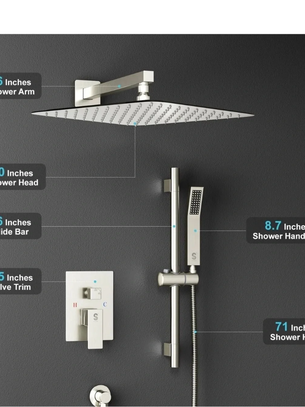 SR SUN RISE 12 Inch Square Shower System, Rain Shower Head and Slide Bar Hand...